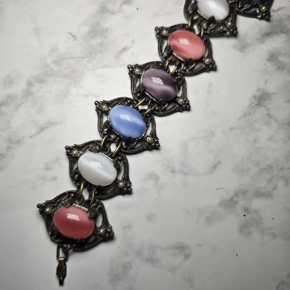 VTG 1960's Multi Color Rhinestone Glass Ornate Chunky Victorian Revival Bracelet - Picture 2 of 8